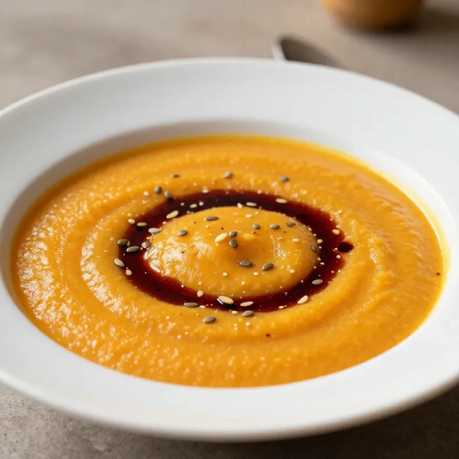 Eine cremige Kürbissuppe im Thermomix zubereitet, serviert in einer Schale mit frischen Kräutern und Kürbiskernen.
