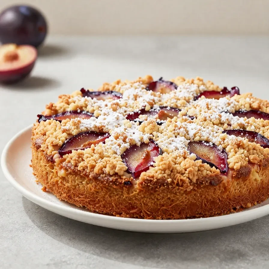 Ein Stück Zwetschgen-Streusel-Kuchen auf einem Teller, mit goldbraunen Streuseln und saftigen Zwetschgen.