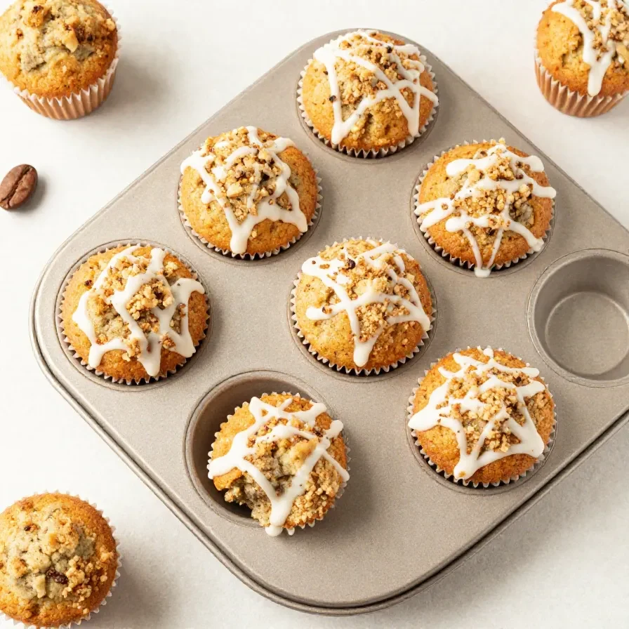Frisch gebackene Kaffee-Kuchen-Muffins mit goldbrauner Streuselkruste auf einem hellen Teller.