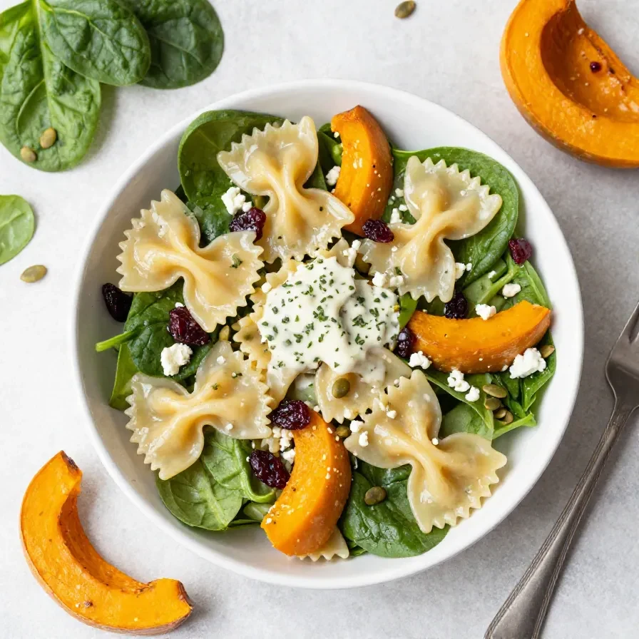 Frischer Herbstsalat mit Kürbis, Blattsalat, Granatapfelkernen und Ahorn-Limetten-Dressing in einer Schale