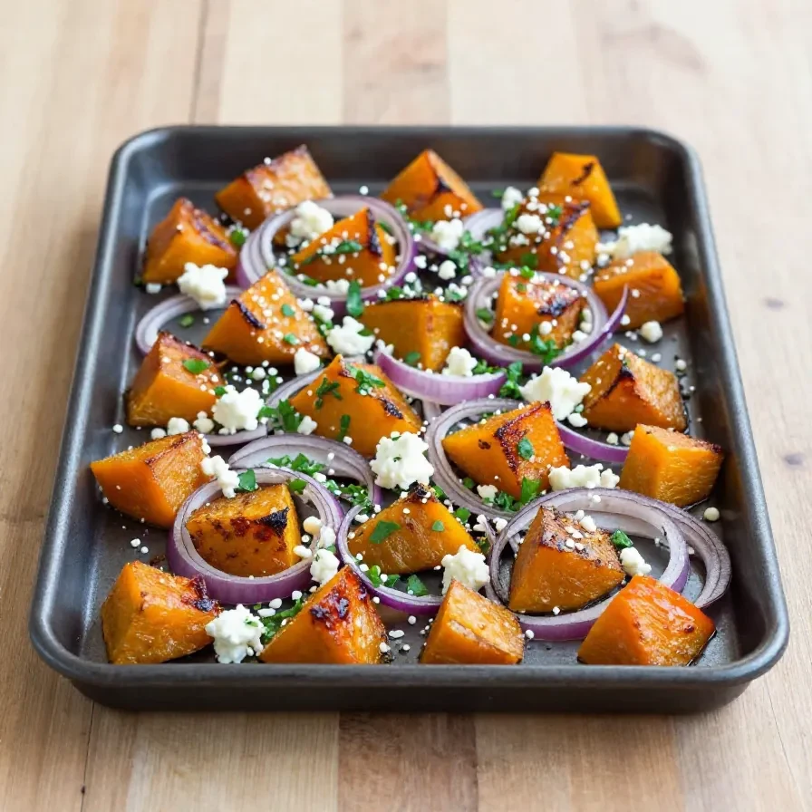 Geröstete Kürbisstücke aus dem Ofen mit Ahornsirup glasiert und mit zerbröseltem Feta serviert.