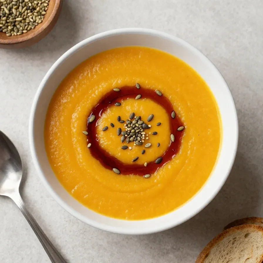 Eine cremige Kürbissuppe im Thermomix zubereitet, serviert in einer Schale mit frischen Kräutern und Kürbiskernen.