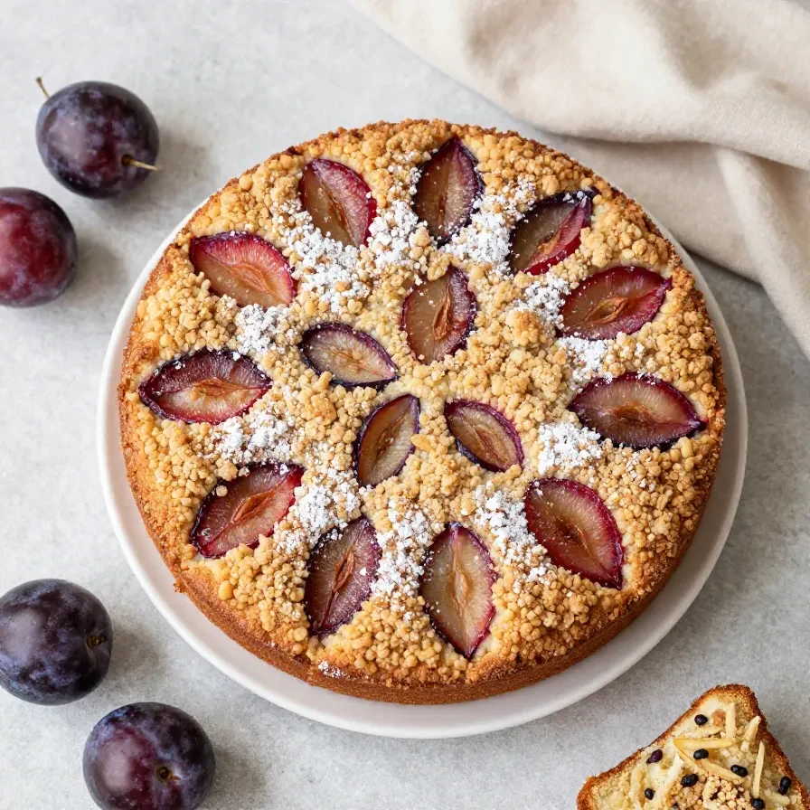 Ein Stück Zwetschgen-Streusel-Kuchen auf einem Teller, mit goldbraunen Streuseln und saftigen Zwetschgen.