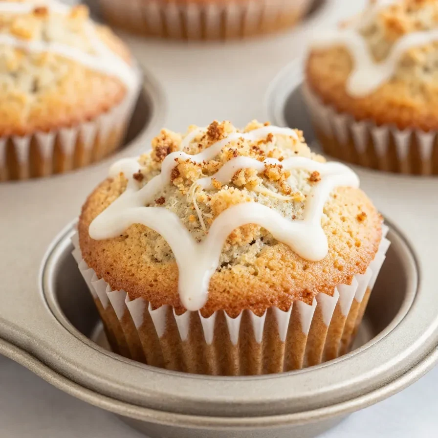 Frisch gebackene Kaffee-Kuchen-Muffins mit goldbrauner Streuselkruste auf einem hellen Teller.