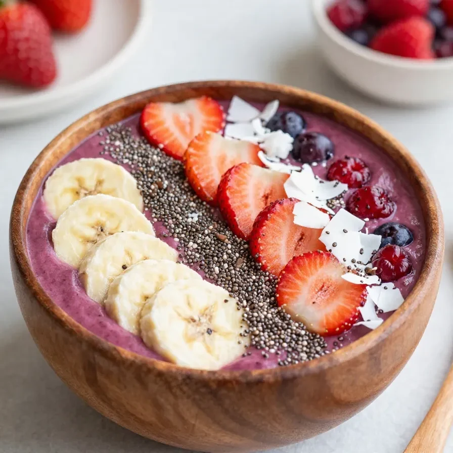 Gesunde Schale mit frischen Früchten, Nüssen und Beeren auf hellem Untergrund