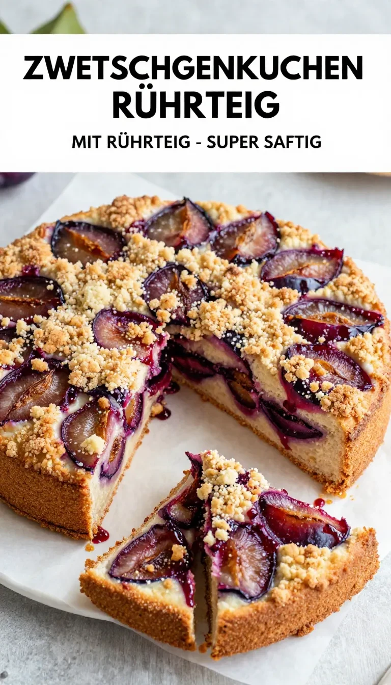 Ein frisch gebackener Zwetschgenkuchen mit Rührteig und goldbraunen Streuseln auf einem Kuchenteller