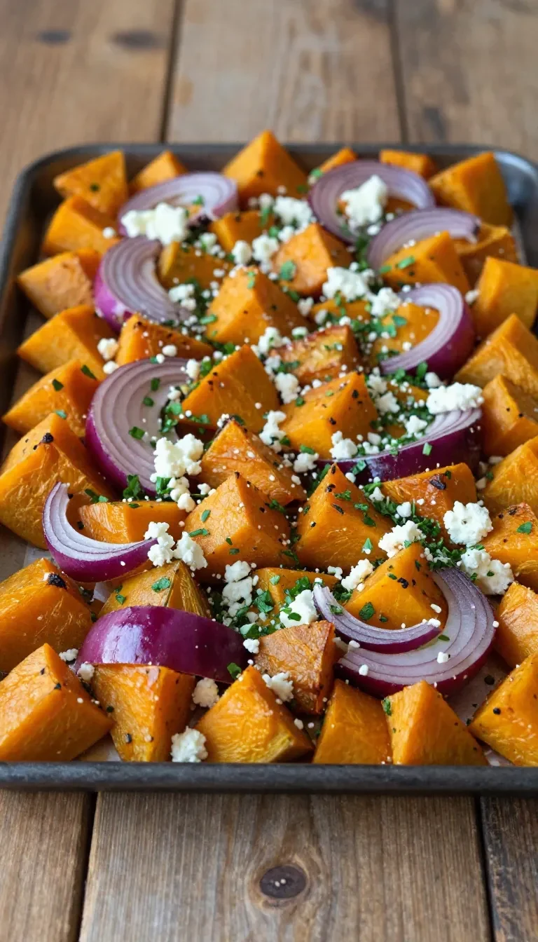 Geröstete Kürbisstücke aus dem Ofen mit Ahornsirup glasiert und mit zerbröseltem Feta serviert.