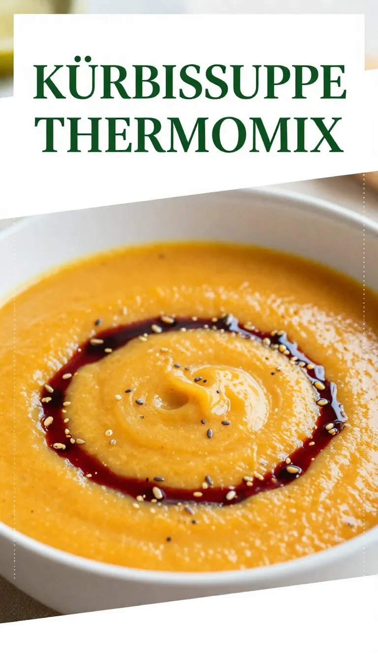 Eine cremige Kürbissuppe im Thermomix zubereitet, serviert in einer Schale mit frischen Kräutern und Kürbiskernen.