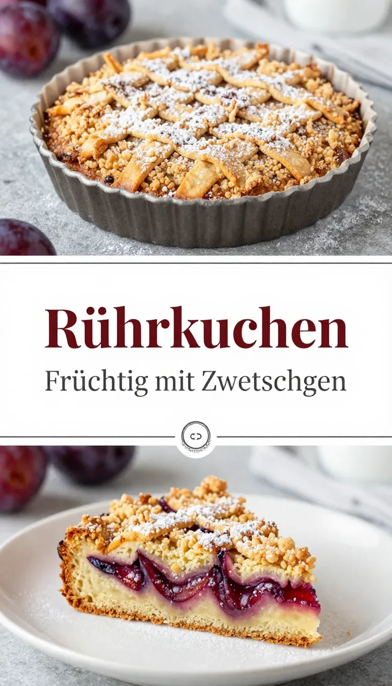 Ein Stück Zwetschgen-Streusel-Kuchen auf einem Teller, mit goldbraunen Streuseln und saftigen Zwetschgen.