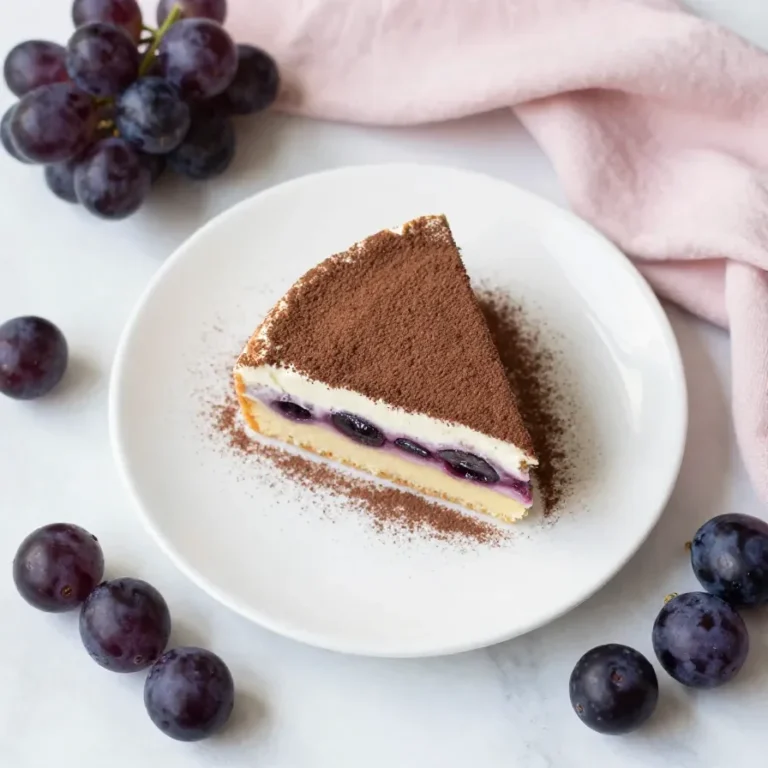 Ein Stück Zwetschgen-Schmand-Kuchen auf einem Teller, bedeckt mit frischen Zwetschgen und feiner Puderzucker-Schicht.