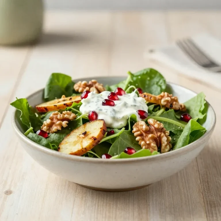 Warmer Herbstsalat mit geröstetem Rosenkohl, Blattsalat, Granatapfelkernen und Ahorn-Senf-Dressing in einer Schüssel serviert.