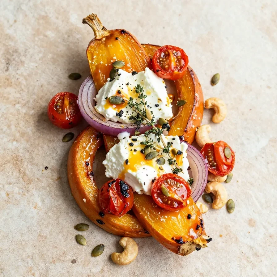 Ofenkürbis mit Feta auf einem Backblech, garniert mit frischen Kräutern und gerösteten Kernen.