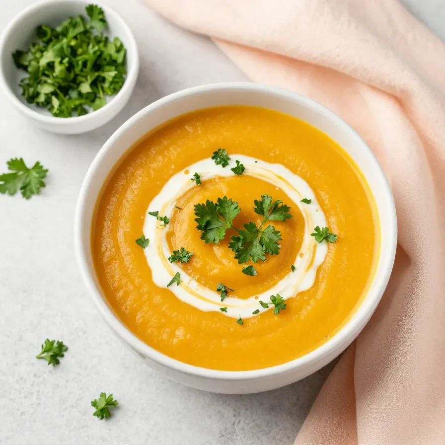 Eine cremige Kürbissuppe in einer Schüssel, garniert mit Kürbiskernen und frischer Petersilie, daneben frisches Brot.