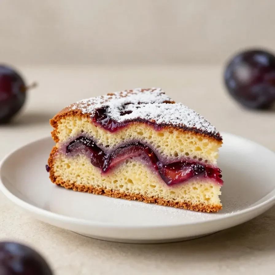 Ein Stück Zwetschgenkuchen mit goldbraunem Boden und saftigen Zwetschgen auf einem Teller