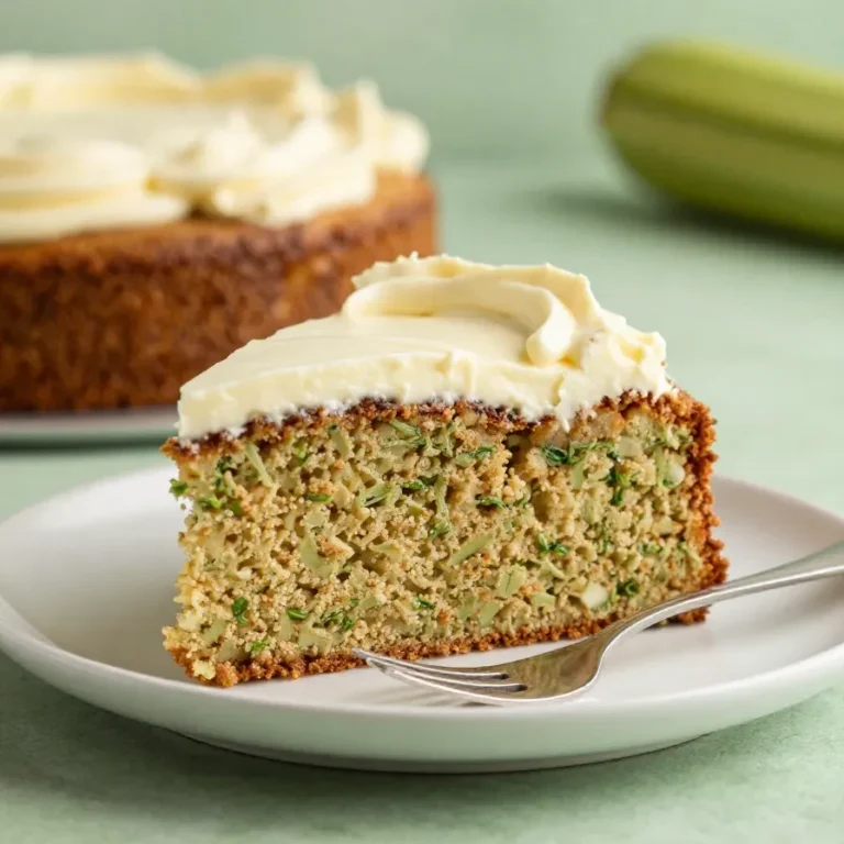 Ein saftiger Zucchini-Kuchen auf einem Teller, garniert mit Puderzucker und feiner Zucchiniraspel.