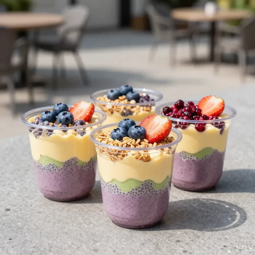 Oakberry Acai Bowls 1 Eine farbenfrohe Oakberry Acai Bowl mit frischen Früchten, Granola und Kokosraspeln in einer Schüssel.