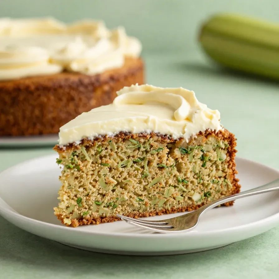 Ein saftiger Zucchini-Kuchen auf einem Teller, garniert mit Puderzucker und feiner Zucchiniraspel.