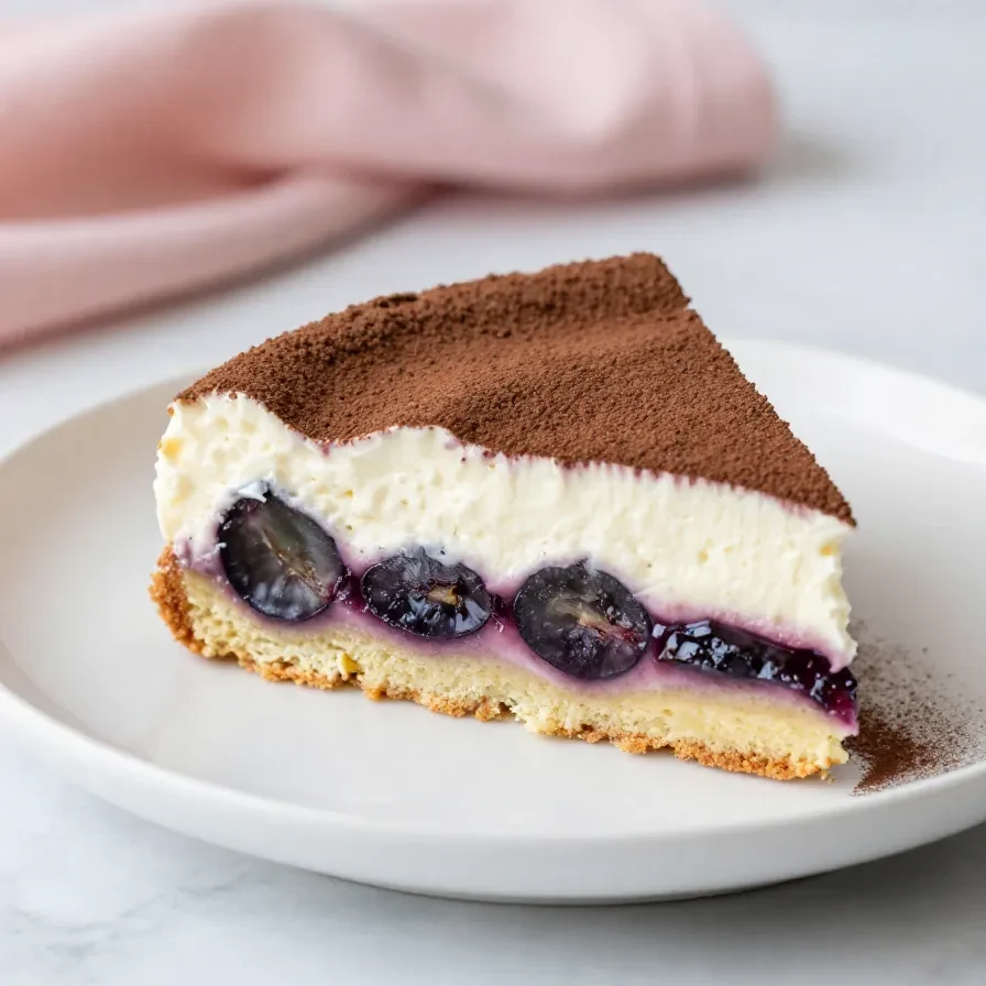Ein Stück Zwetschgen-Schmand-Kuchen auf einem Teller, bedeckt mit frischen Zwetschgen und feiner Puderzucker-Schicht.