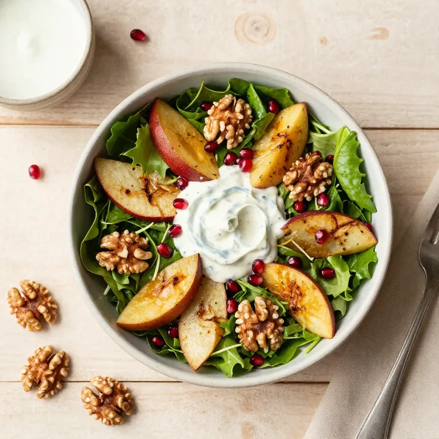 Warmer Herbstsalat mit geröstetem Rosenkohl, Blattsalat, Granatapfelkernen und Ahorn-Senf-Dressing in einer Schüssel serviert.