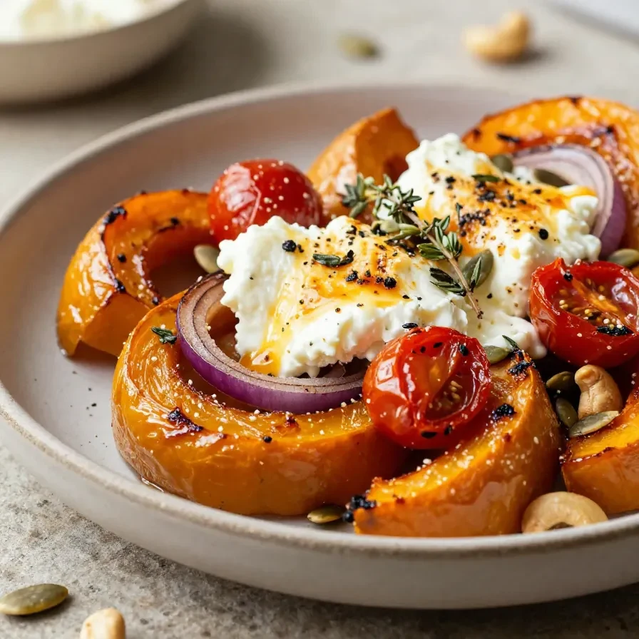 Ofenkürbis mit Feta auf einem Backblech, garniert mit frischen Kräutern und gerösteten Kernen.
