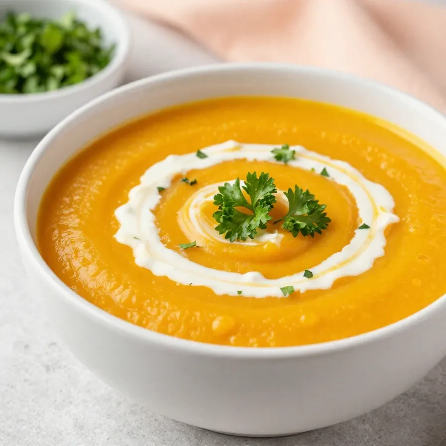 Eine cremige Kürbissuppe in einer Schüssel, garniert mit Kürbiskernen und frischer Petersilie, daneben frisches Brot.