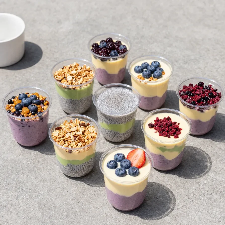 Oakberry Acai Bowls 6 Eine farbenfrohe Oakberry Acai Bowl mit frischen Früchten, Granola und Kokosraspeln in einer Schüssel.