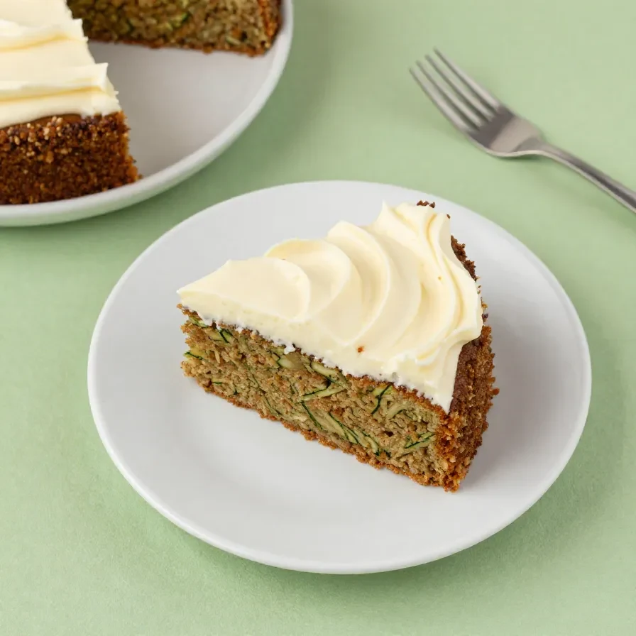 Ein saftiger Zucchini-Kuchen auf einem Teller, garniert mit Puderzucker und feiner Zucchiniraspel.