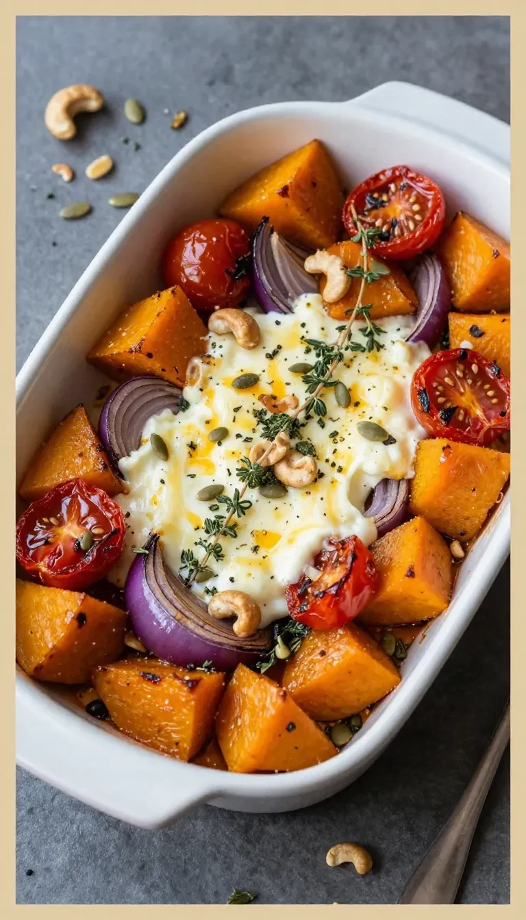 Ofenkürbis mit Feta auf einem Backblech, garniert mit frischen Kräutern und gerösteten Kernen.