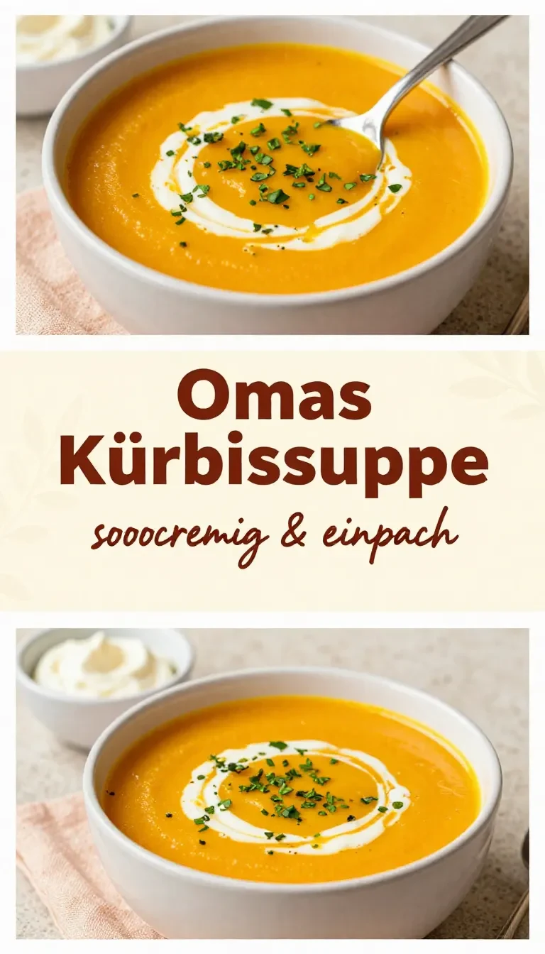 Eine cremige Kürbissuppe in einer Schüssel, garniert mit Kürbiskernen und frischer Petersilie, daneben frisches Brot.