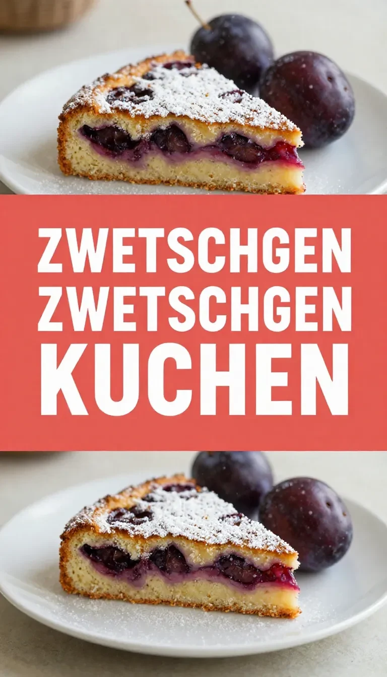 Ein Stück Zwetschgenkuchen mit goldbraunem Boden und saftigen Zwetschgen auf einem Teller