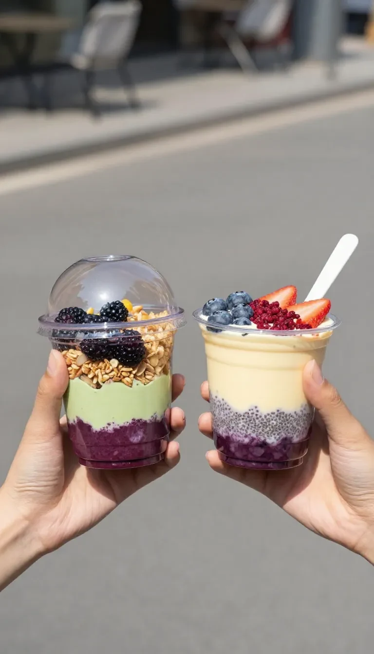 Oakberry Acai Bowls 9 Eine farbenfrohe Oakberry Acai Bowl mit frischen Früchten, Granola und Kokosraspeln in einer Schüssel.