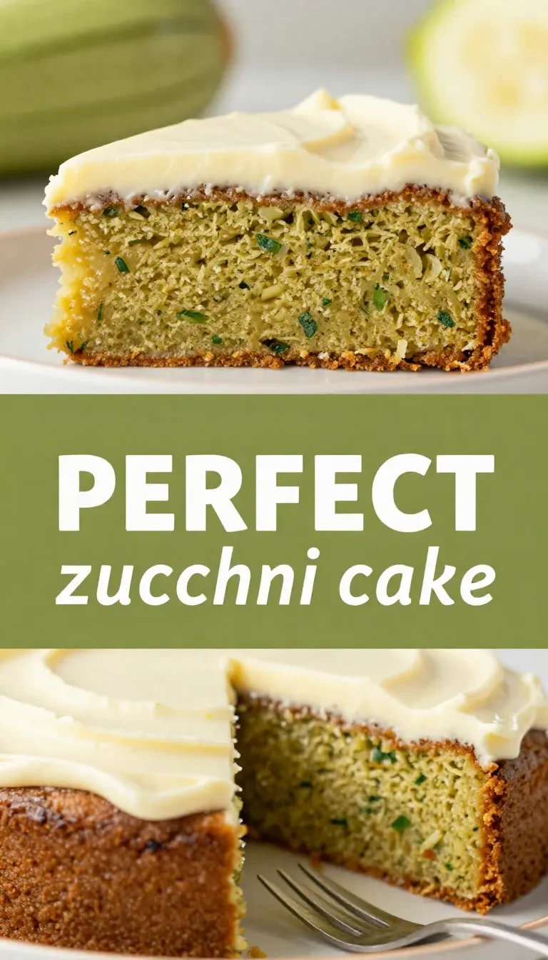 Ein saftiger Zucchini-Kuchen auf einem Teller, garniert mit Puderzucker und feiner Zucchiniraspel.