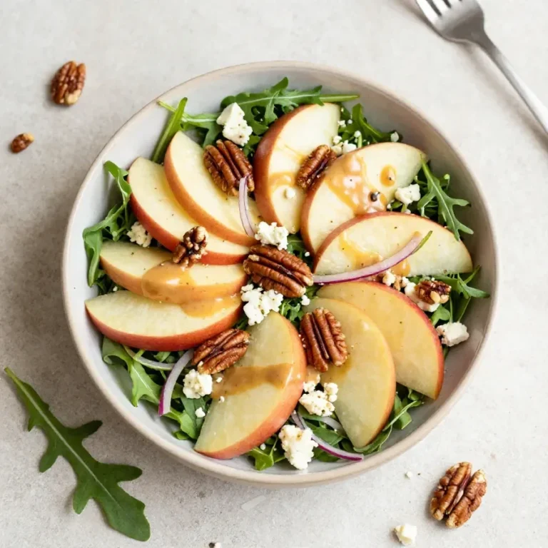 Frischer Apfel-Rucola-Salat in einer weißen Schüssel mit Apfelscheiben, Rucola, Walnüssen und einem leichten Dressing.