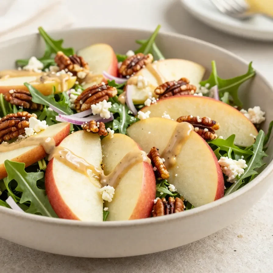 Frischer Apfel-Rucola-Salat in einer weißen Schüssel mit Apfelscheiben, Rucola, Walnüssen und einem leichten Dressing.