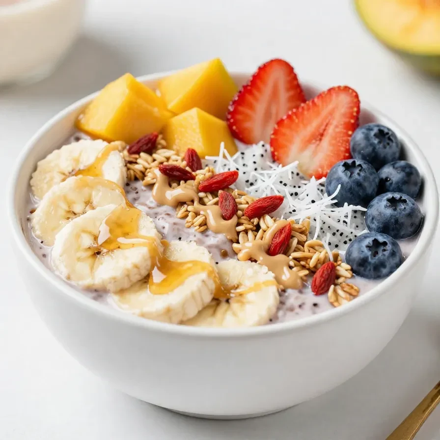 Eine bunte Frühstücks-Smoothie-Bowl mit Beeren, Banane, Granola, Chiasamen und frischen Früchten in einer hellen Schale.