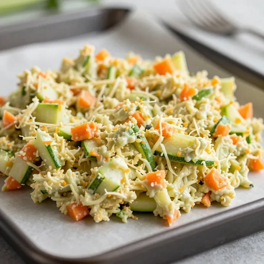 Ofengebackene Zucchinipuffer auf einem Backblech mit goldbrauner Oberfläche, serviert mit einem Klecks Kräuterquark