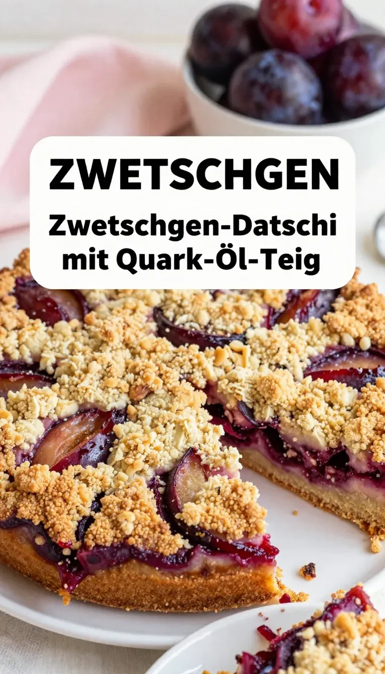 Ein Stück Zwetschgen-Datschi mit Quark-Öl-Teig auf einem Teller, mit sichtbaren Zwetschgenhälften und leicht goldbraunem Rand.