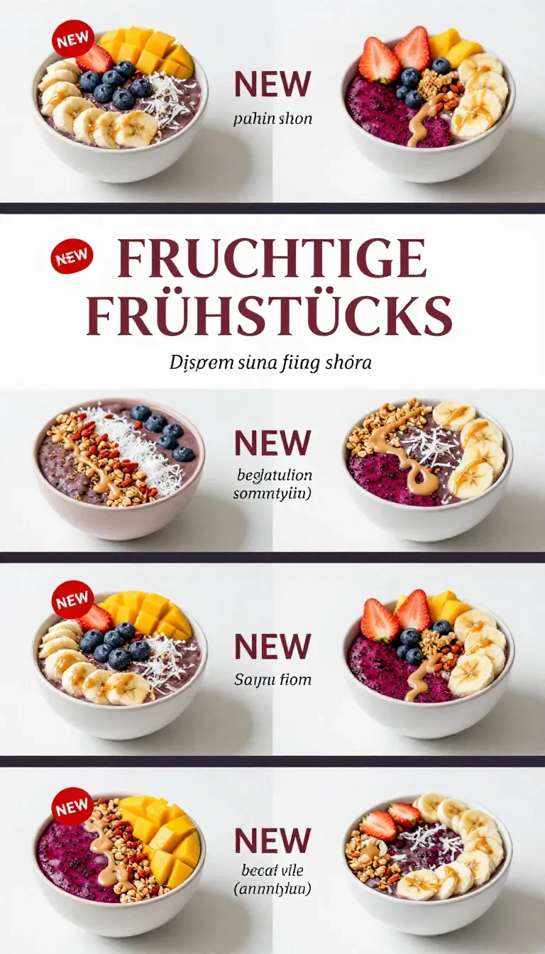 Eine bunte Frühstücks-Smoothie-Bowl mit Beeren, Banane, Granola, Chiasamen und frischen Früchten in einer hellen Schale.