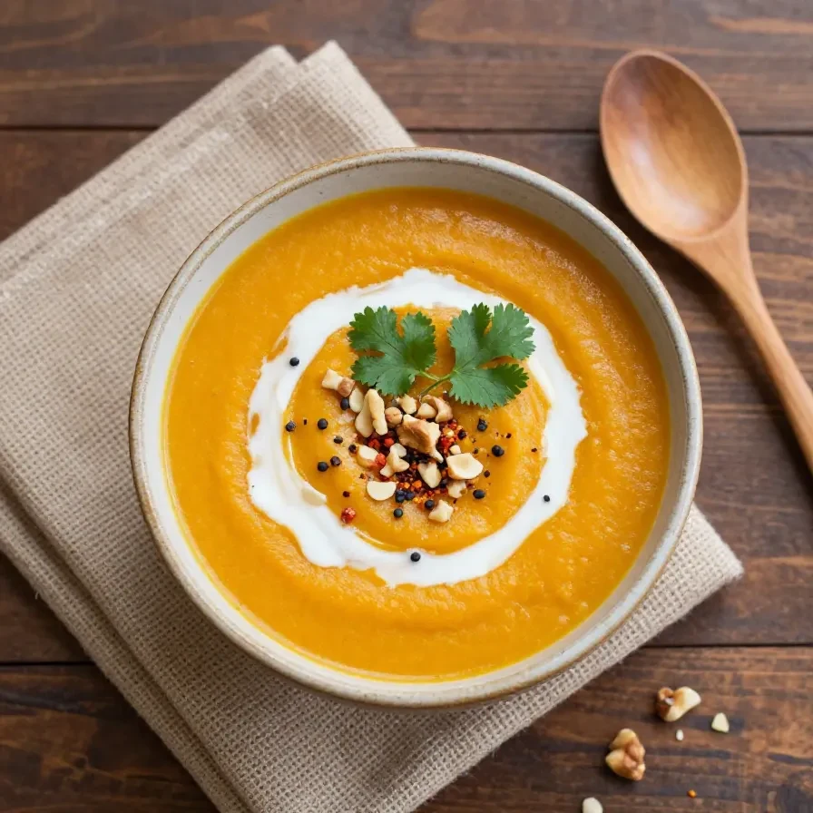 Eine cremige vegane Kürbissuppe mit Kokosmilch und Ingwer in einer Schale, garniert mit Kürbiskernen und frischen Kräutern.