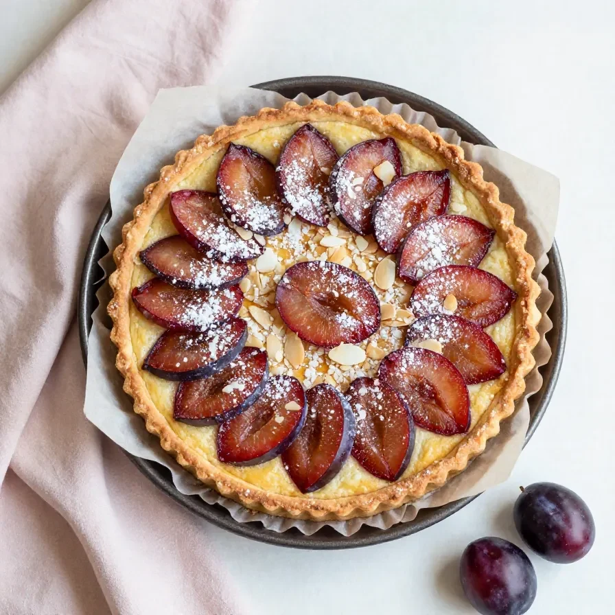 Ein veganer Zwetschgenkuchen mit Walnüssen und Zimt auf einem Teller, frisch gebacken und mit goldbrauner Kruste