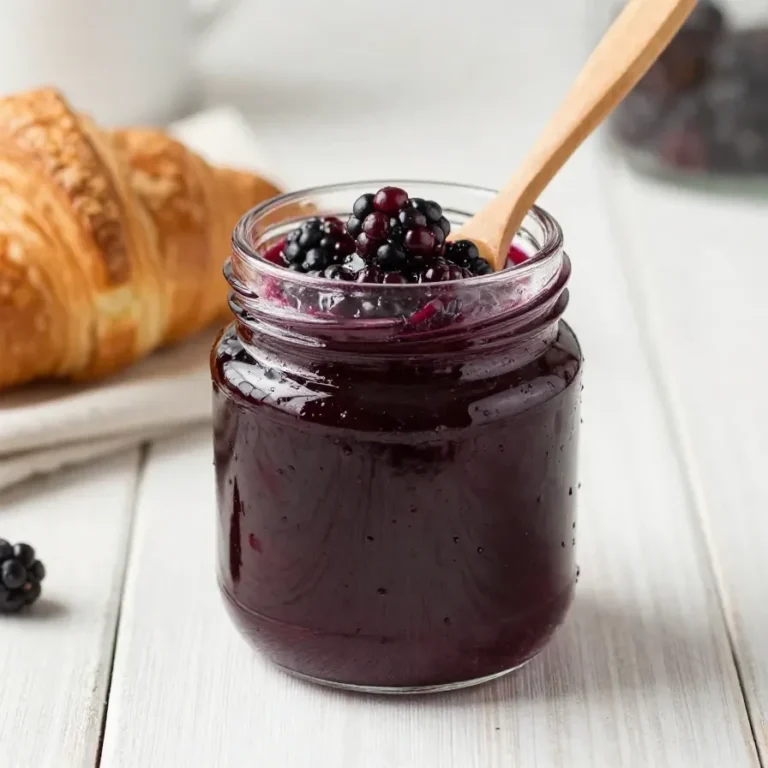 Ein Glas selbst gemachtes Brombeergelee auf einem Holztisch neben frischen Brombeeren und einem Löffel