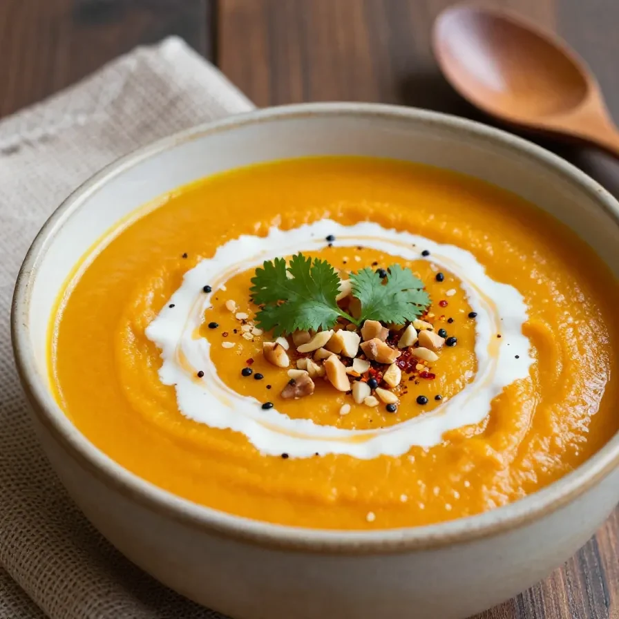 Eine cremige vegane Kürbissuppe mit Kokosmilch und Ingwer in einer Schale, garniert mit Kürbiskernen und frischen Kräutern.