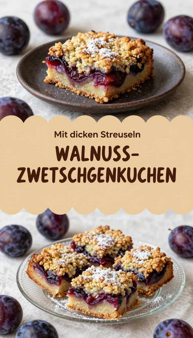 Ein Stück Walnuss-Zwetschgenkuchen mit goldbraunen Zimt-Streuseln auf einem Teller