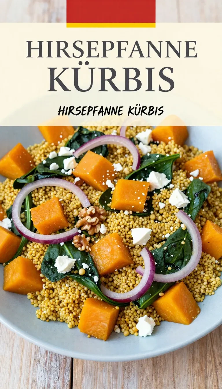 Hirsepfanne mit Kürbiswürfeln, frischem Spinat und zerbröseltem Feta in einer Pfanne serviert