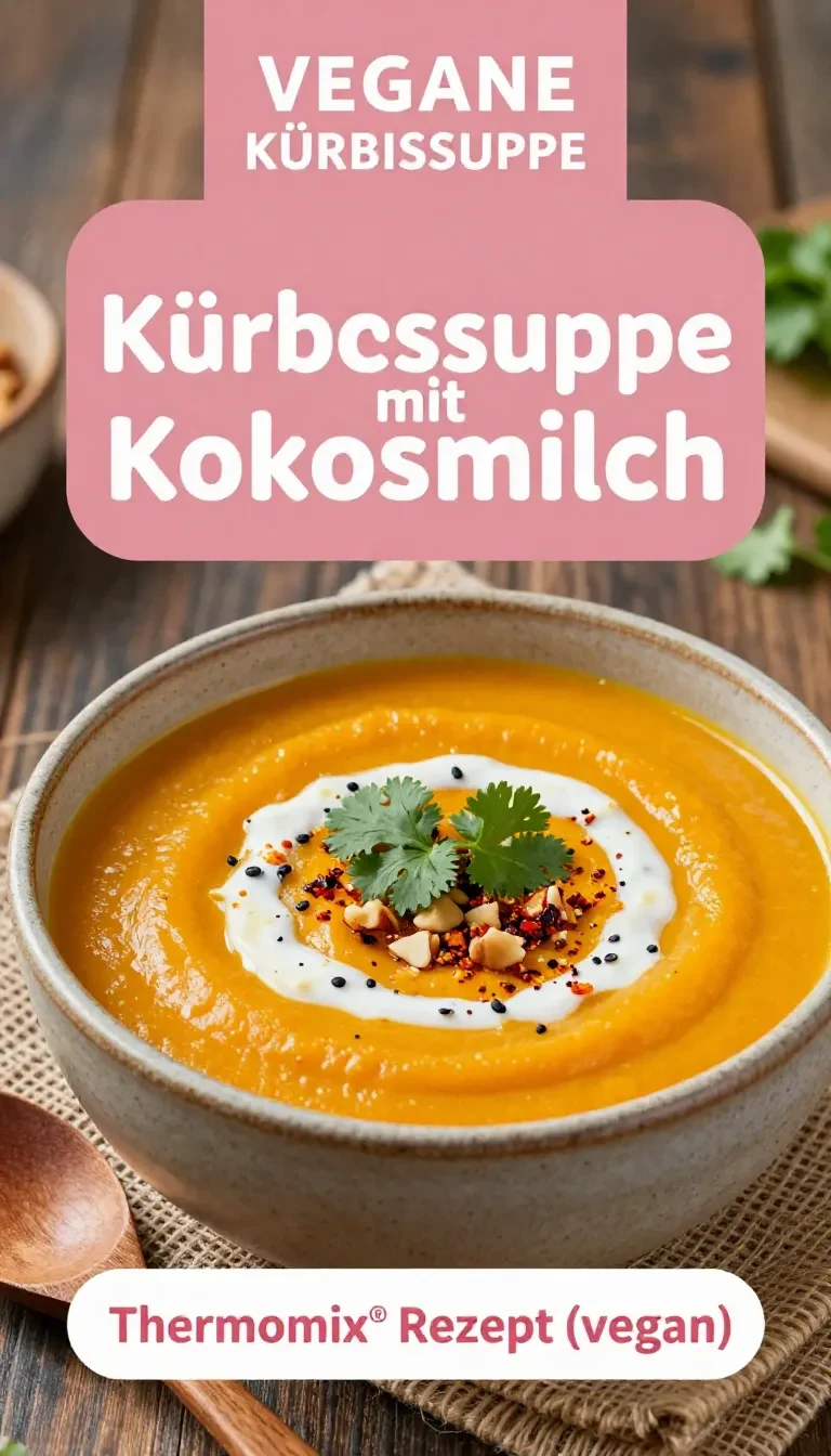 Eine cremige vegane Kürbissuppe mit Kokosmilch und Ingwer in einer Schale, garniert mit Kürbiskernen und frischen Kräutern.