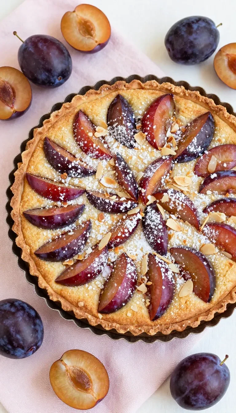 Ein veganer Zwetschgenkuchen mit Walnüssen und Zimt auf einem Teller, frisch gebacken und mit goldbrauner Kruste