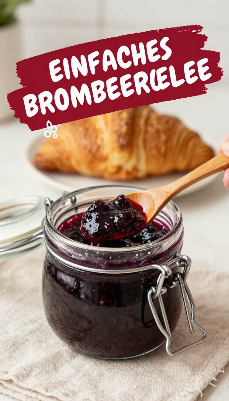 Ein Glas selbst gemachtes Brombeergelee auf einem Holztisch neben frischen Brombeeren und einem Löffel