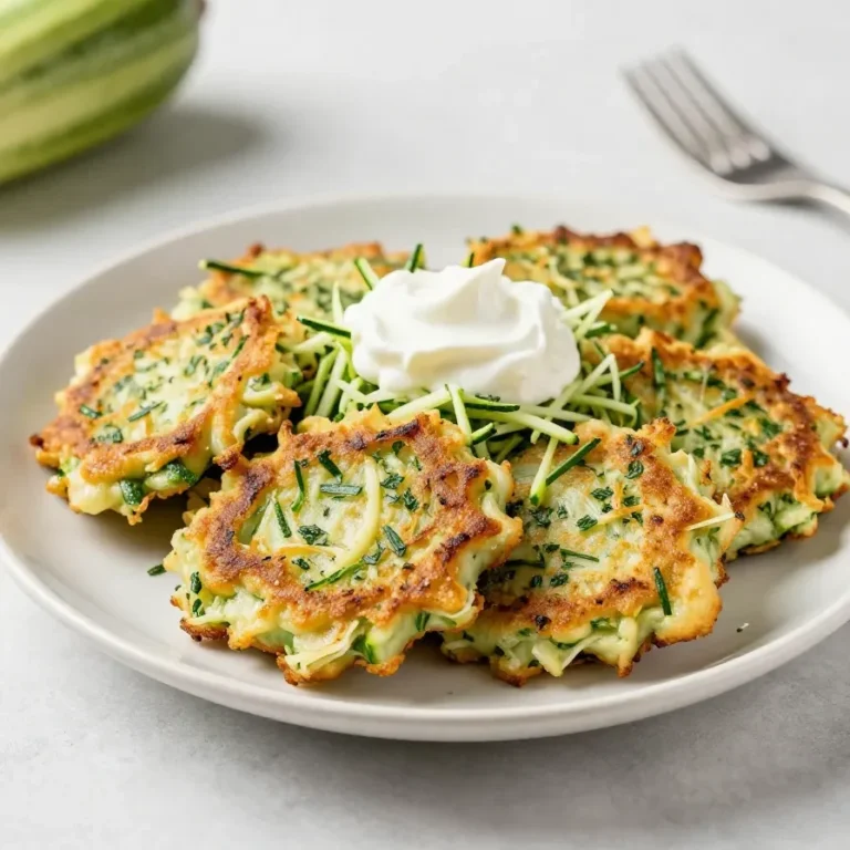 Knusprige Zucchinipuffer auf einem Teller, serviert mit einem Klecks Kräuterquark und frischem Dill.