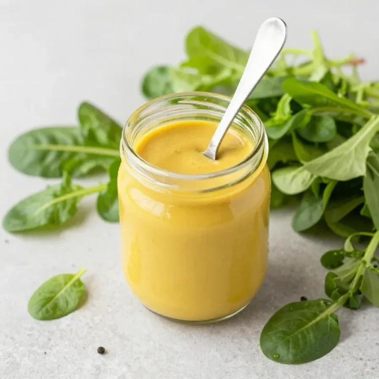 Hausgemachtes Maple-Dijon-Vinaigrette-Dressing in einer kleinen Glasschüssel neben Zutaten wie Ahornsirup, Senf und Essig.