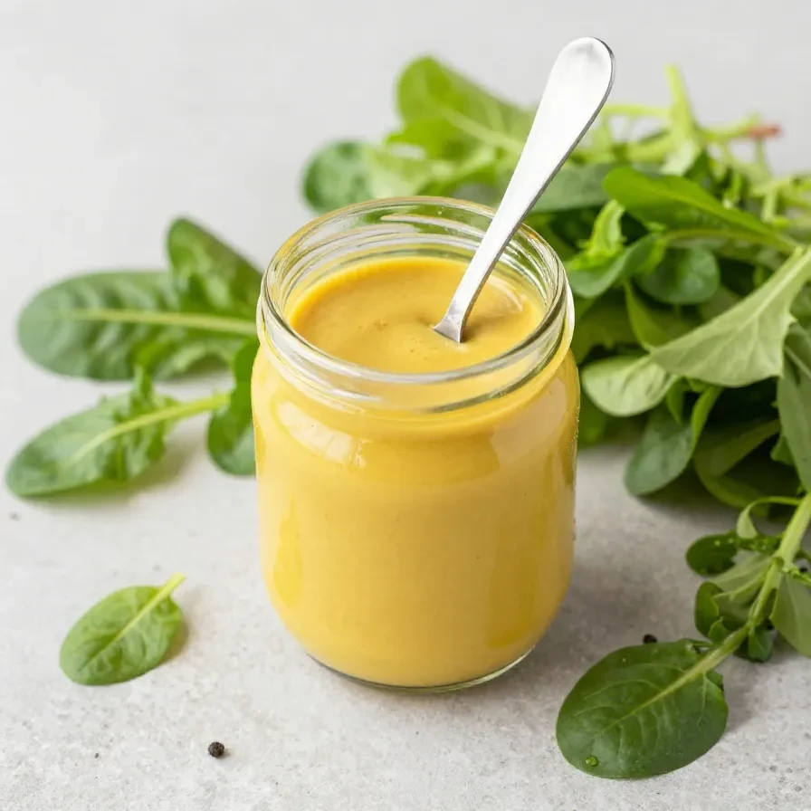 Hausgemachtes Maple-Dijon-Vinaigrette-Dressing in einer kleinen Glasschüssel neben Zutaten wie Ahornsirup, Senf und Essig.
